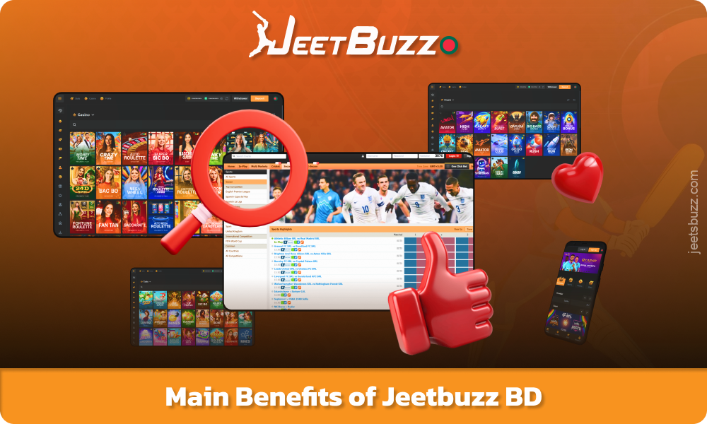 Jeetbuzz BD offers betting on 40+ sports, exchange betting, live streaming, licensed casino games, bonuses, convenient payments, apps and a VIP club