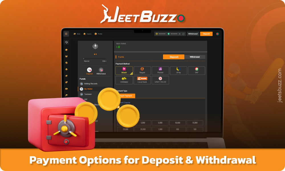 On Jeetbuzz Bangladesh, you can deposit and withdraw funds in BDT via e-wallets and cryptocurrencies