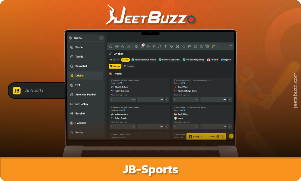 JB-Sports is a bookmaker offering more than 20 sports and e-sports disciplines, line and live betting, as well as live broadcasts